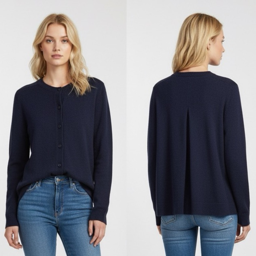 COS Alpaca Wool Back Pleat Cardigan Sweater Knit Button Cozy Minimalist Navy S